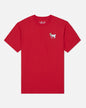 Red t-shirt with a small white goat graphic on a white background#color_poinsettia