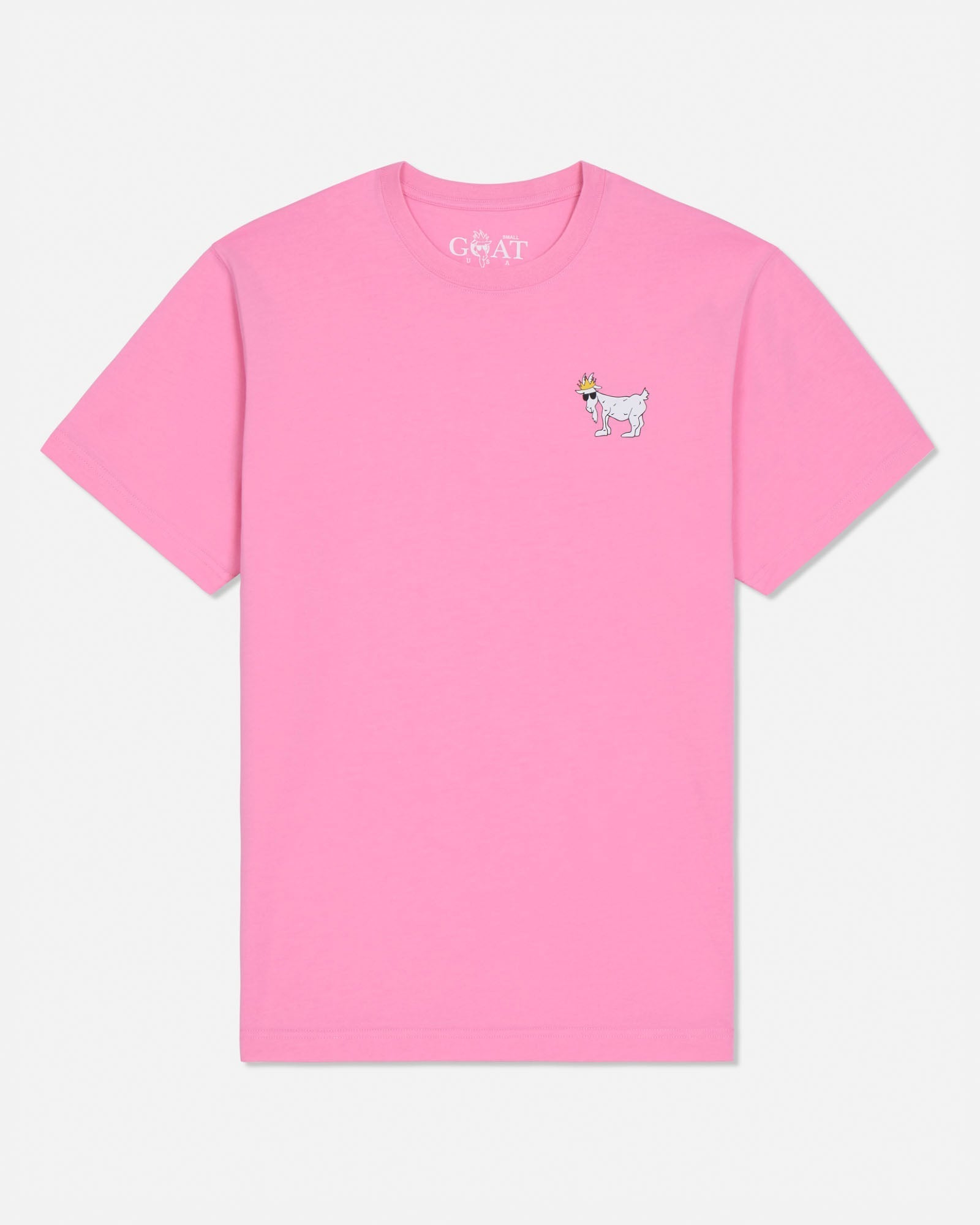 Pink t-shirt with a small graphic on the chest against a light gray background#color_paradise-pink