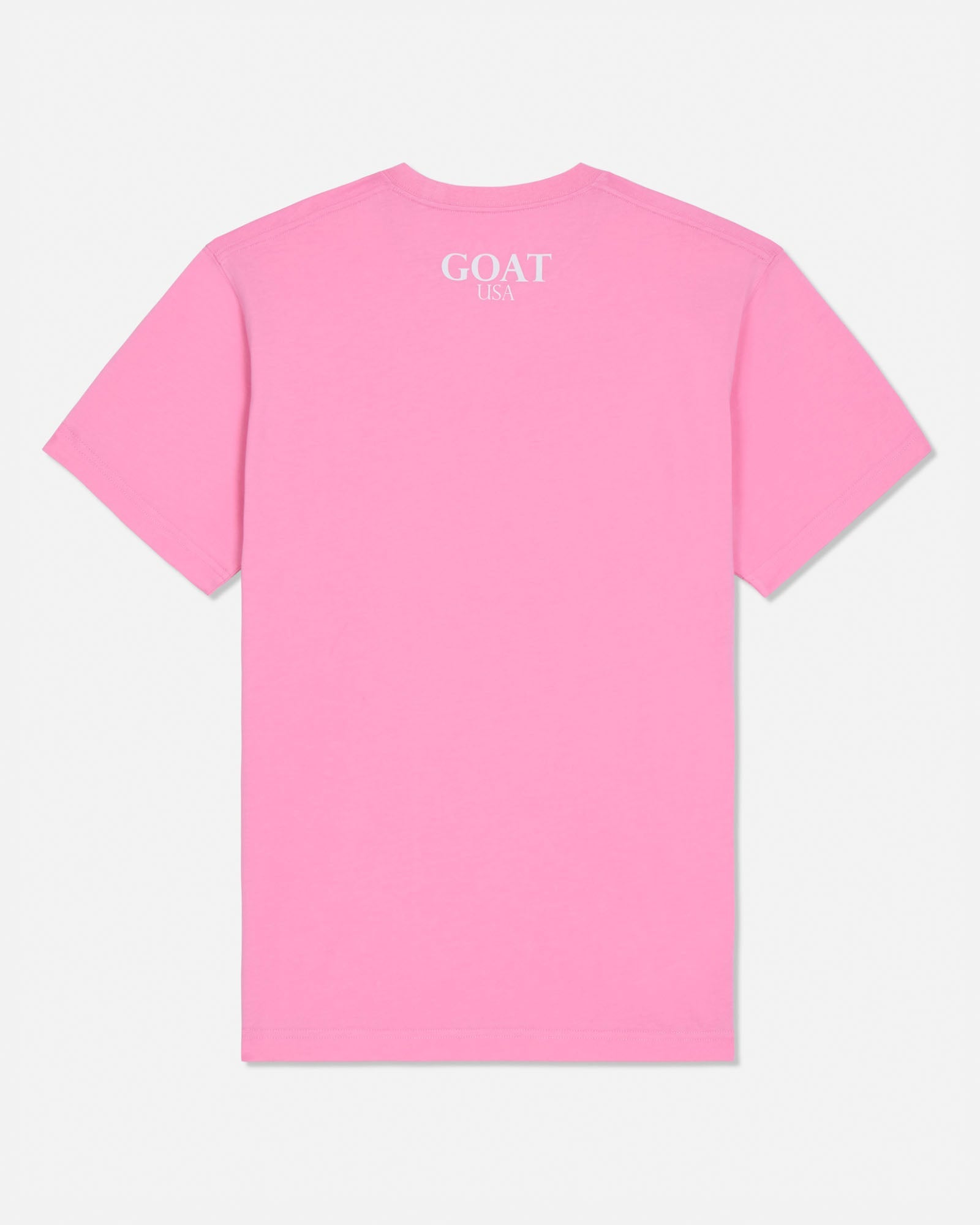 Pink t-shirt with 'GOAT USA' text on the back against a white background#color_paradise-pink
