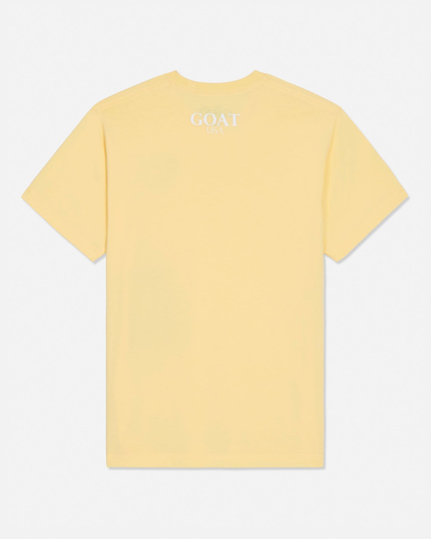 Yellow t-shirt with 'GOAT USA' text on the back against a white background#color_corn-milk