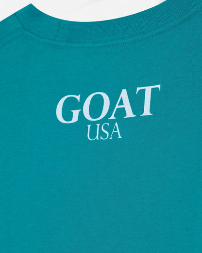 Teal t-shirt with 'GOAT USA' text in white on a white background#color_teal-blue