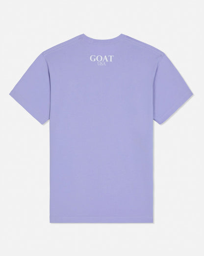 Purple t-shirt with 'GOAT' text on the back against a white background#color_periwinkle
