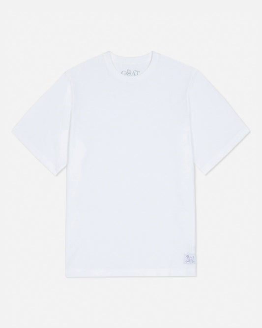 White t-shirt with a brand logo on a light gray background#color_white