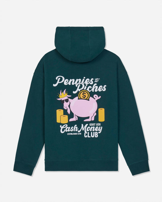 Back of sage hoodie with piggy bank goat design