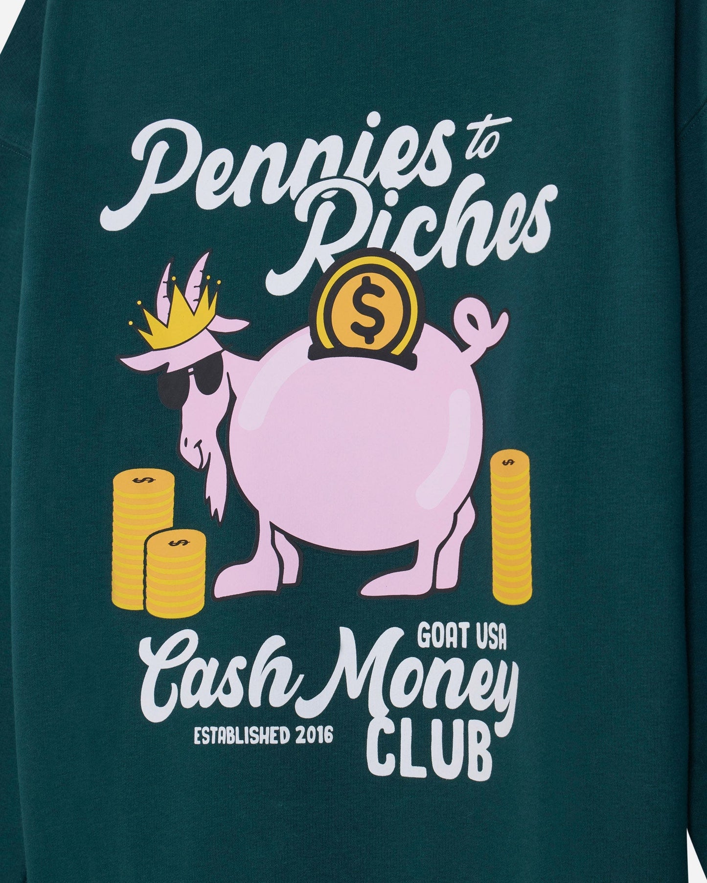 Close-up of a dark teal-green sweatshirt featuring a graphic print of a pink cartoon goat wearing a gold crown and sunglasses, surrounded by gold stacks of cash, with white and yellow text reading 'Pennies to Riches' and 'Cash Money CLUB'.