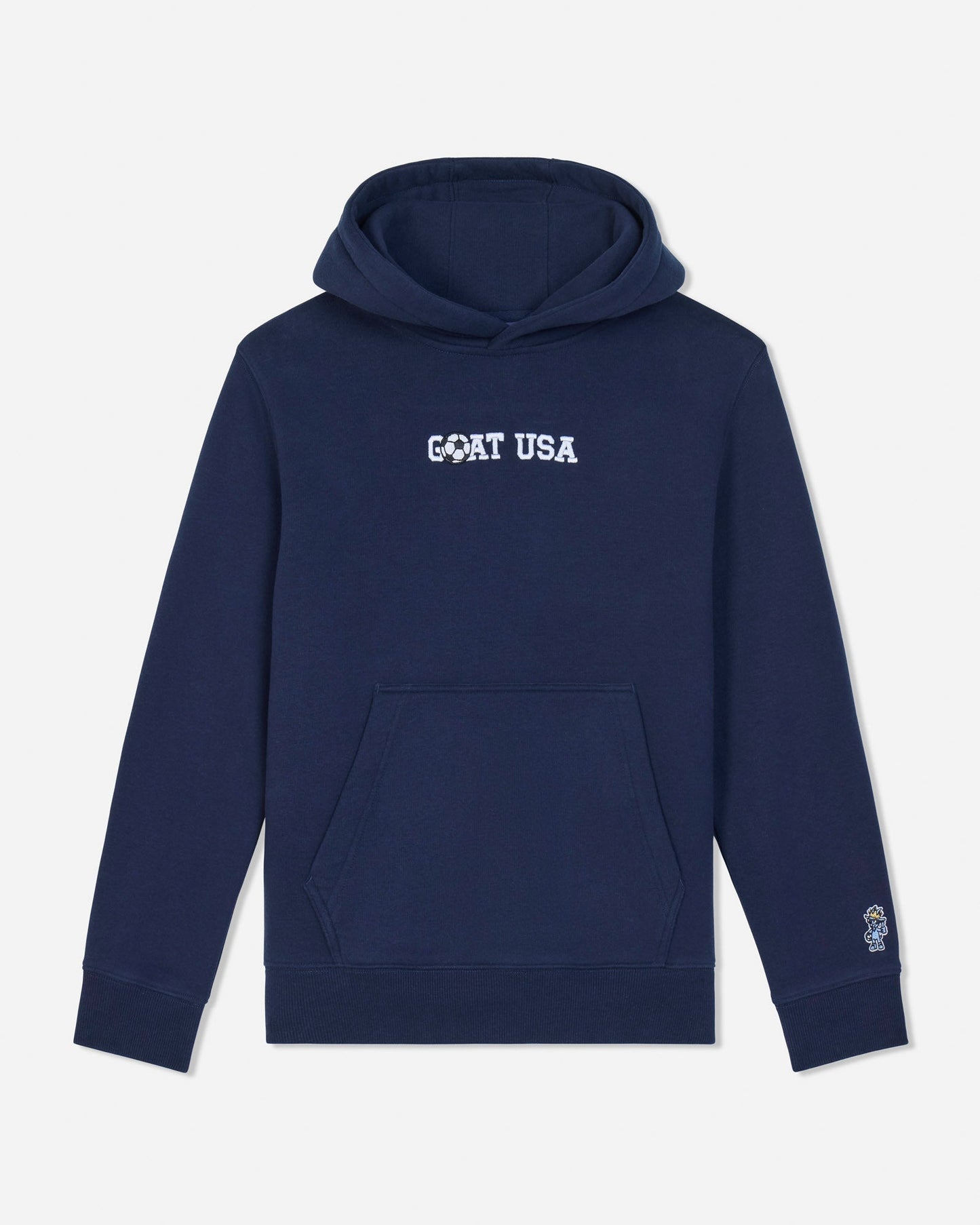 Navy blue hoodie with 'GOAT USA' text on a white background