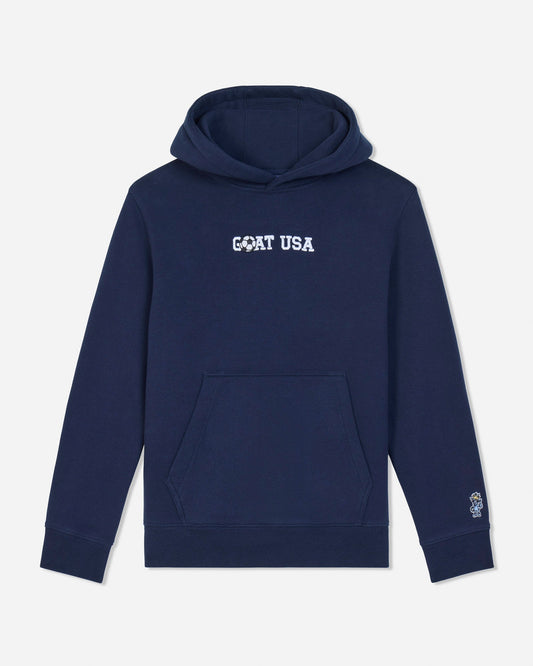 Navy blue hoodie with 'GOAT USA' text on a white background