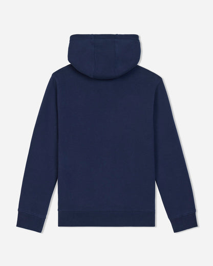 A navy blue hooded sweatshirt shown from the back, featuring a solid color with ribbed cuffs, hem, and hood, displayed on a clean light gray background.