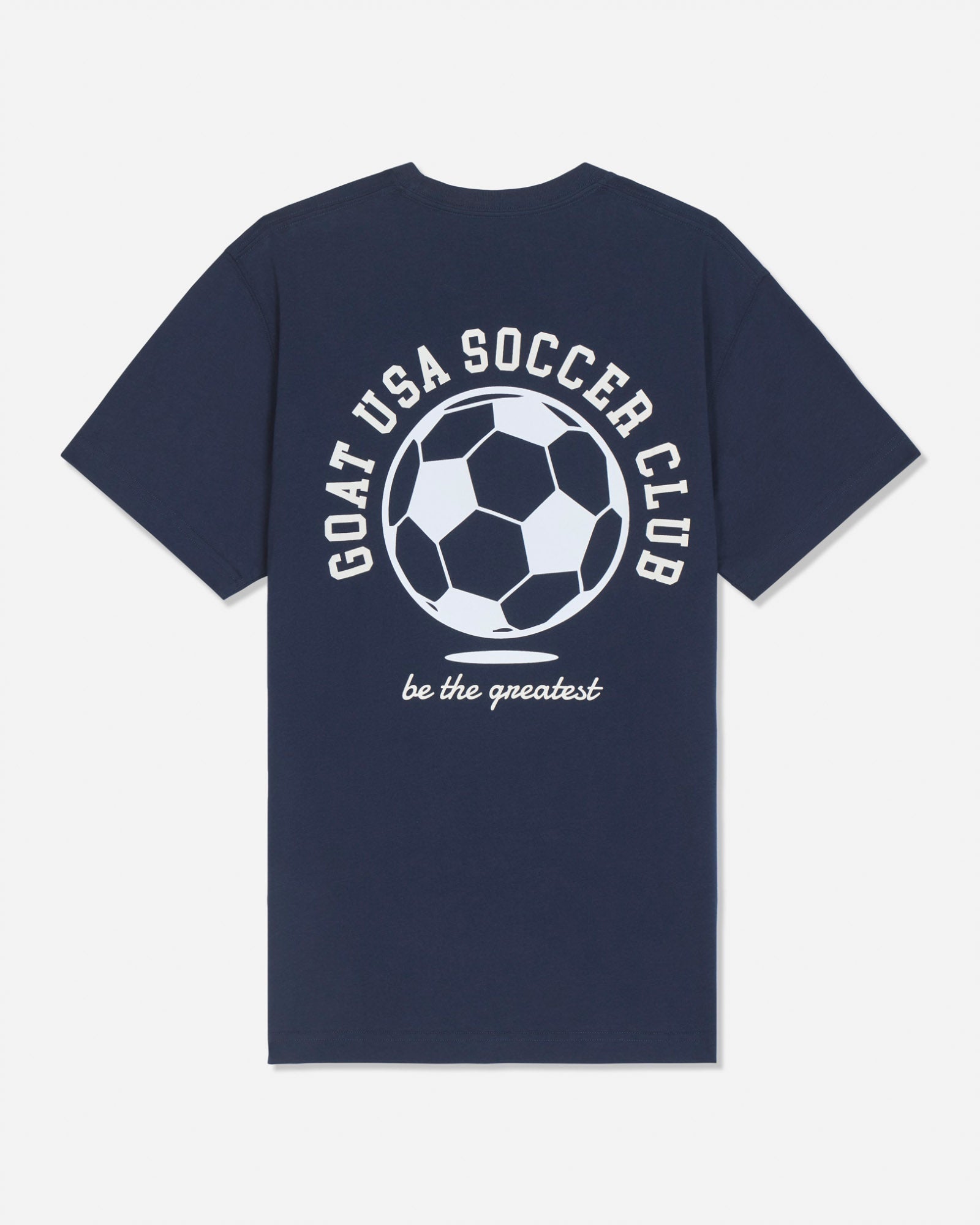 A navy blue short-sleeve t-shirt with a white graphic on the back featuring a soccer ball and the text 'GOAT USA SOCCER CLUB' and 'be the greatest'.