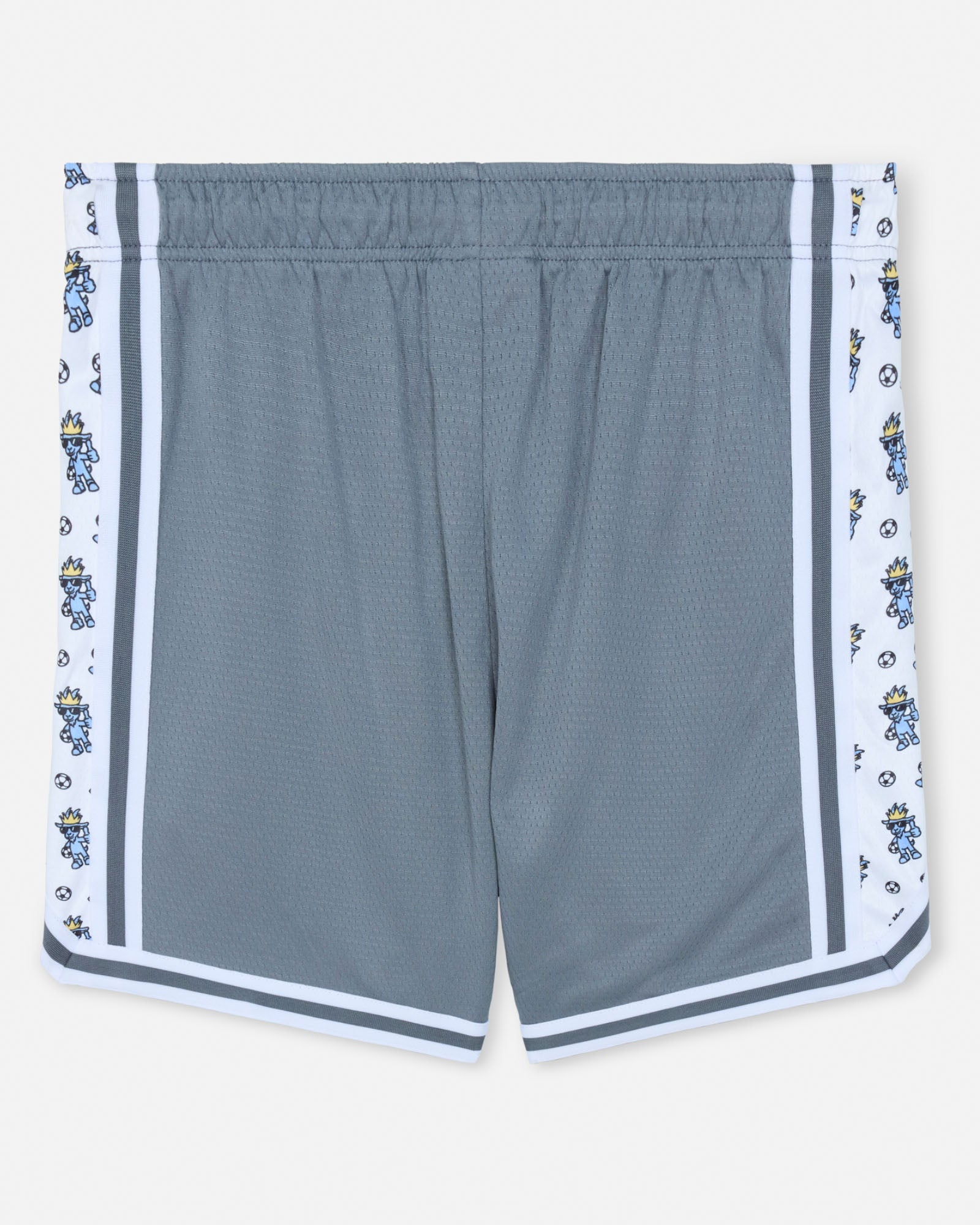 Gray shorts with decorative trim on a white background