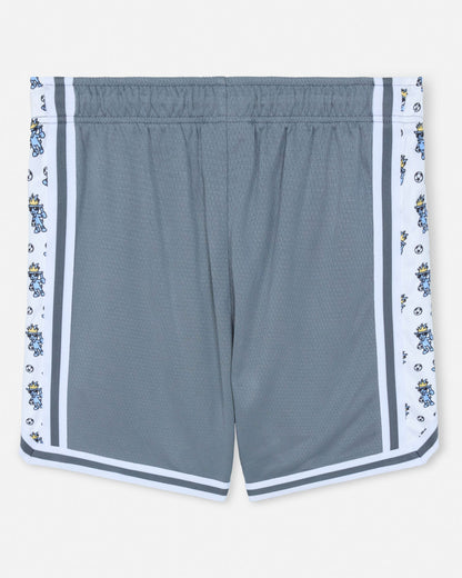 Gray shorts with decorative trim on a white background