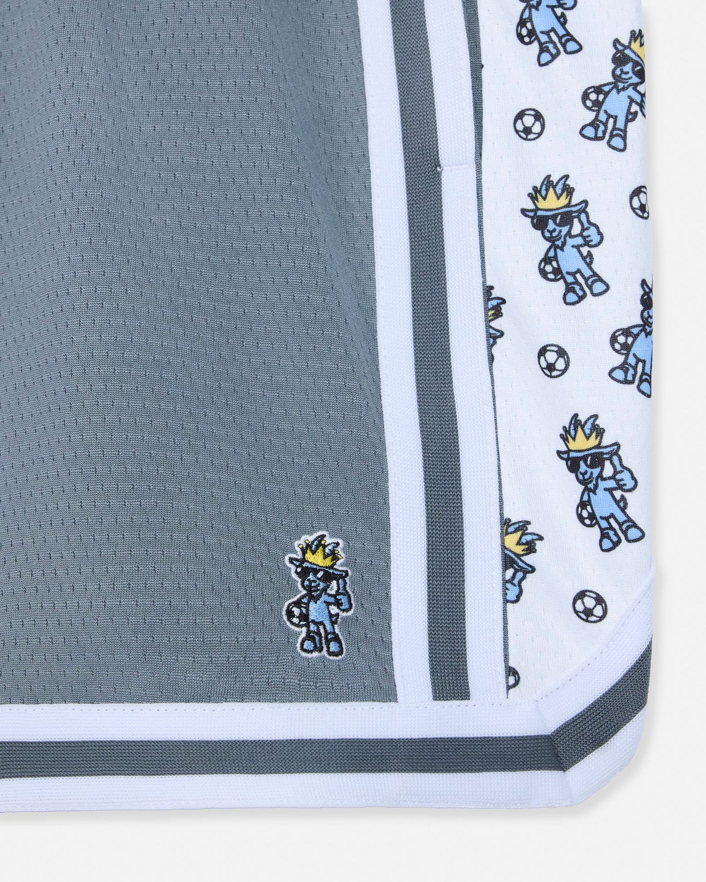 Gray shorts with cartoon character border and logo