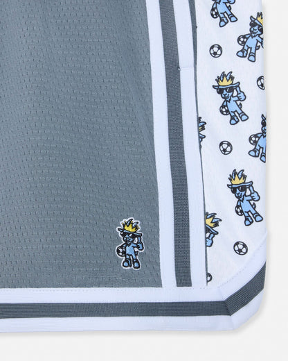Gray shorts with cartoon character border and logo