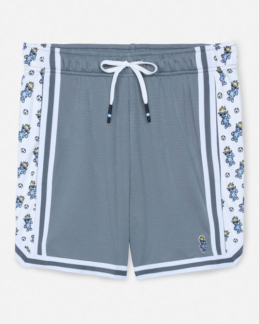 Gray shorts with soccer goat pattern on a white background