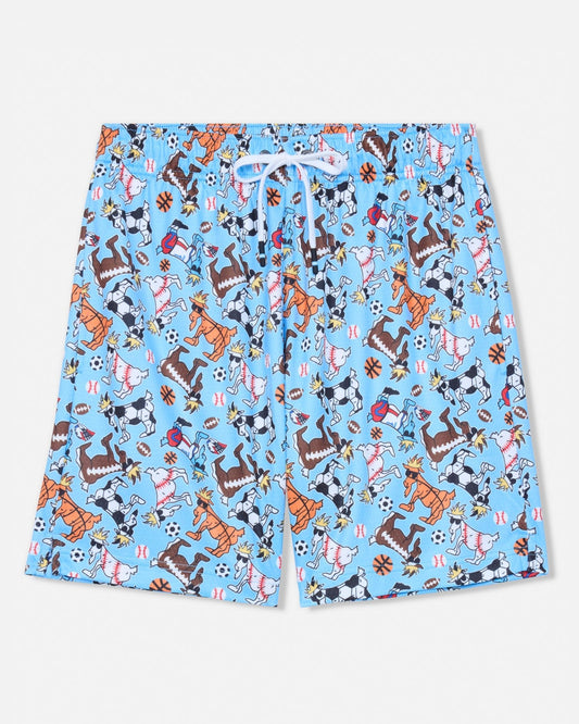Blue shorts with animal sports pattern on a white background