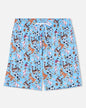 Blue shorts with animal sports pattern on a white background