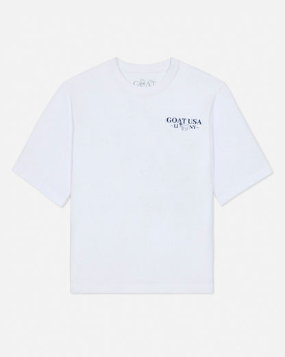White t-shirt with a logo on a light gray background