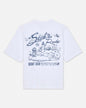 White t-shirt with blue graphic design on a white background