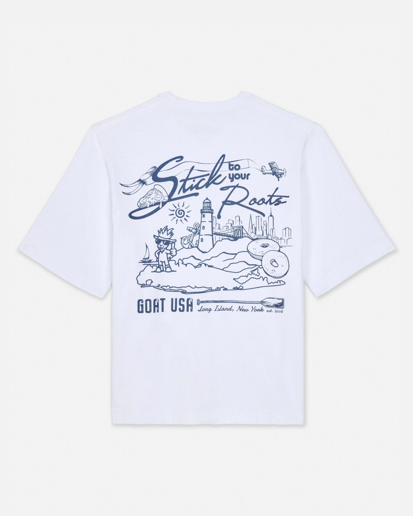 White t-shirt with blue graphic design on a white background