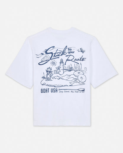 White t-shirt with blue graphic design on a white background