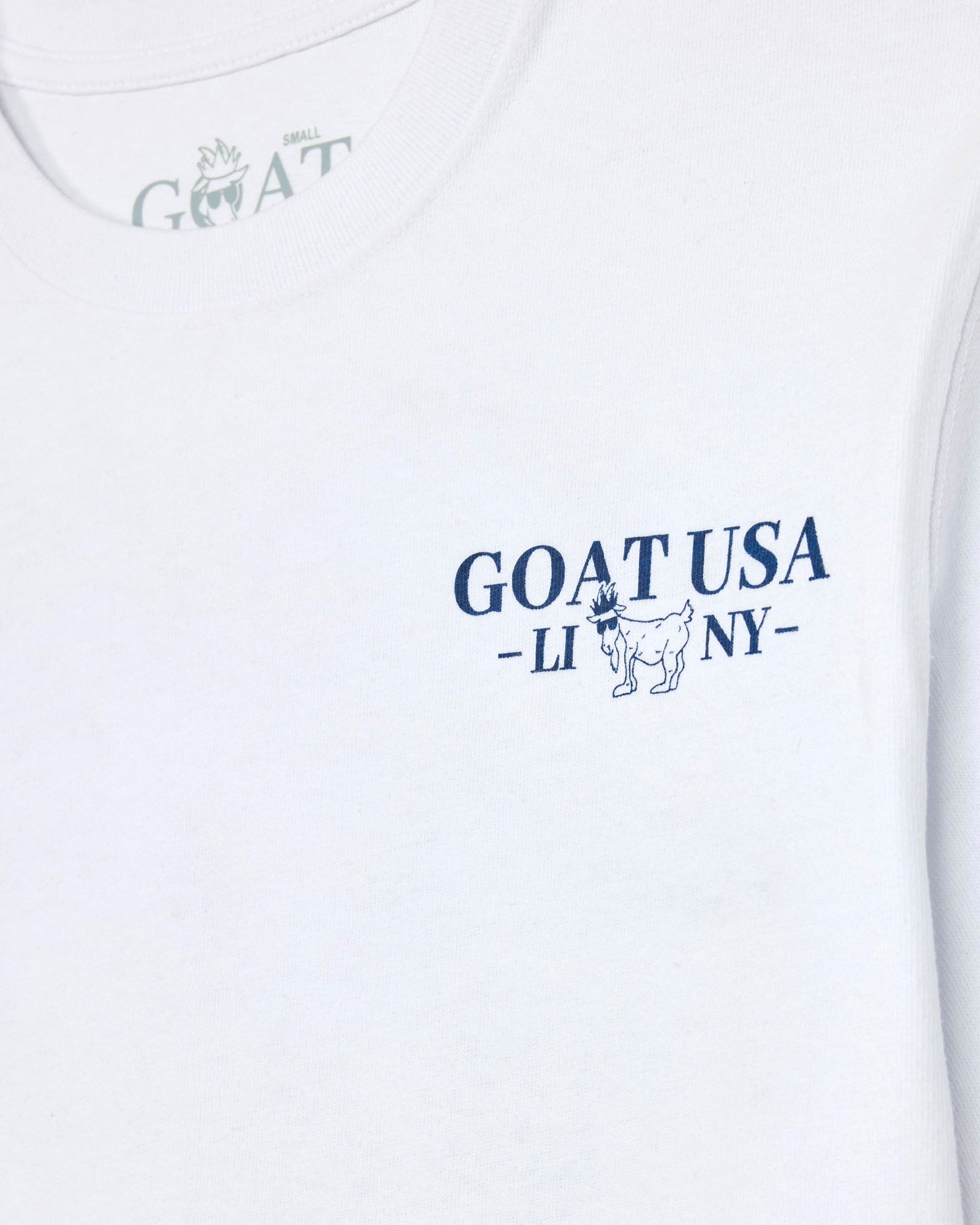 White t-shirt with blue 'GOAT USA' logo on a white background