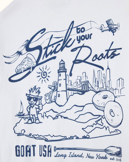 Illustrative design with text 'Stick to your Roots' and various elements on a white background.