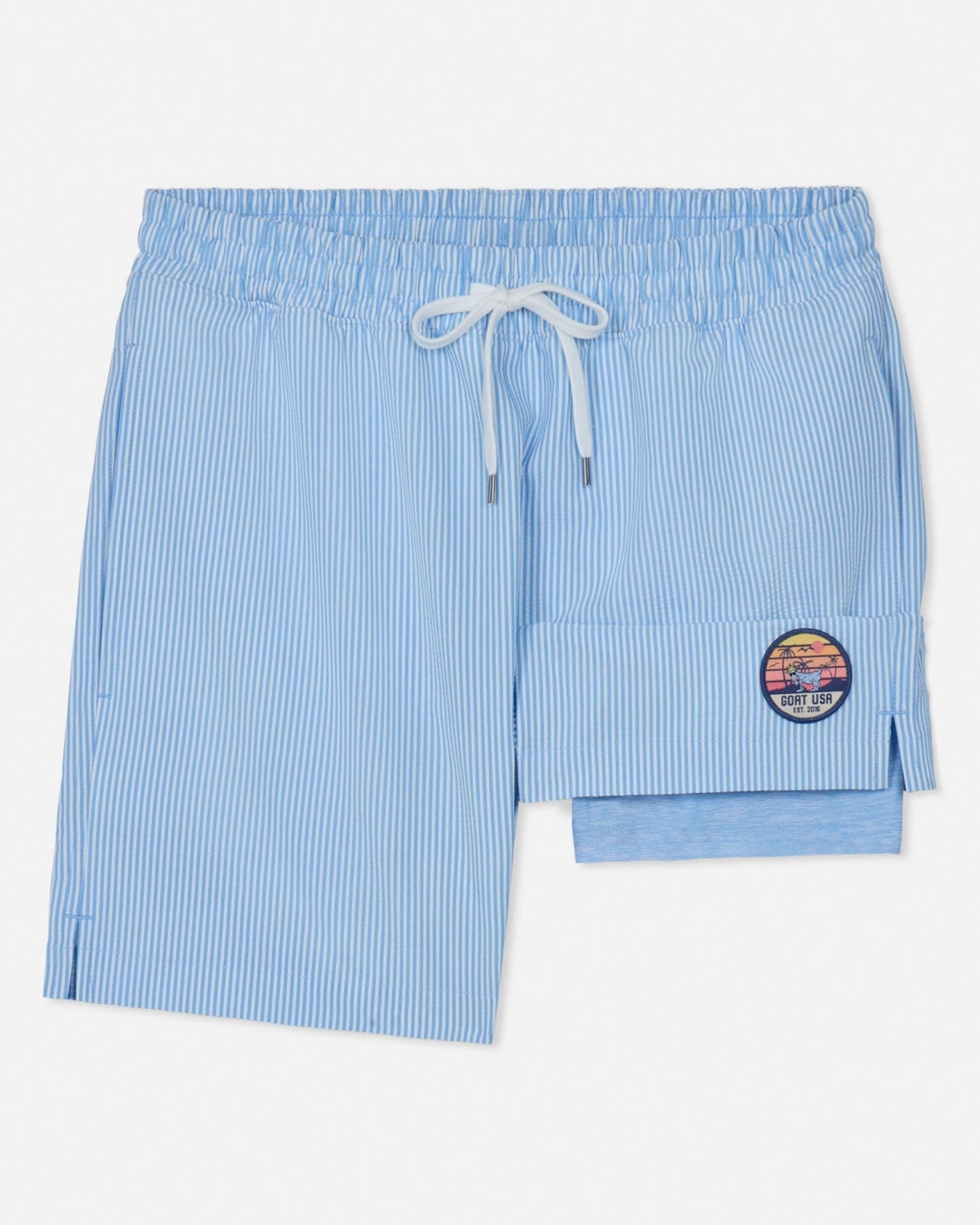 Blue striped swim shorts with a logo on a white background