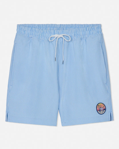 Blue striped shorts with a logo on a white background