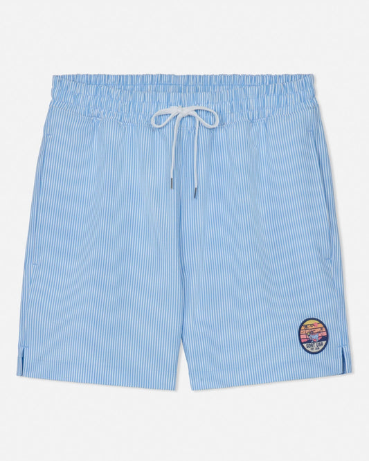 Blue striped shorts with a logo on a white background