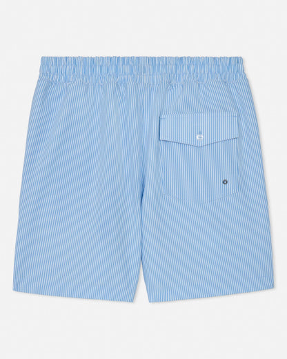 Blue striped shorts with a pocket on a light gray background