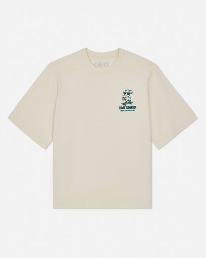 Beige t-shirt with a small graphic and text on a white background