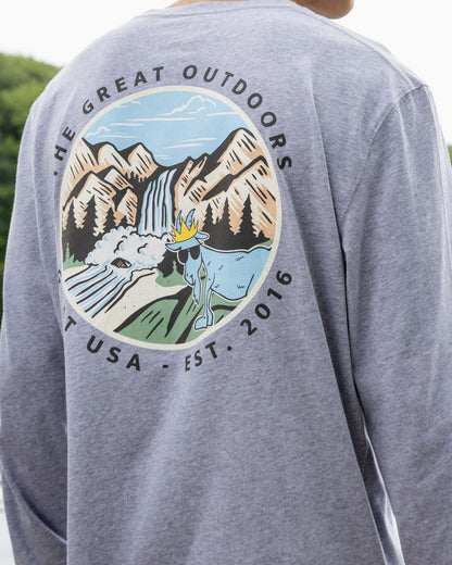 Gray long-sleeve shirt with a nature-themed graphic on the back