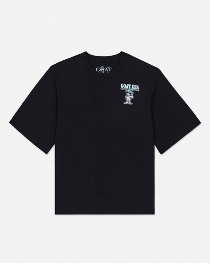 Black t-shirt with a graphic design on a white background