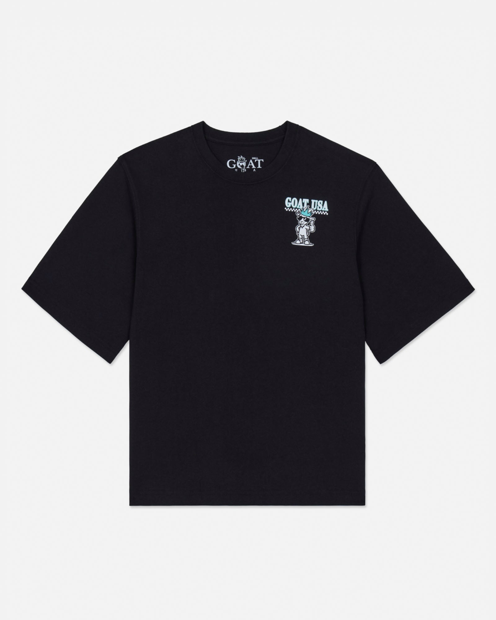 Black t-shirt with a graphic design on a white background