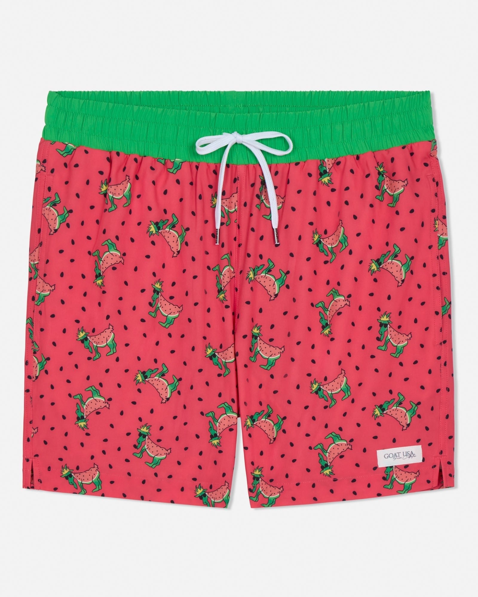 Red swim shorts with green watermelon pattern on a white background