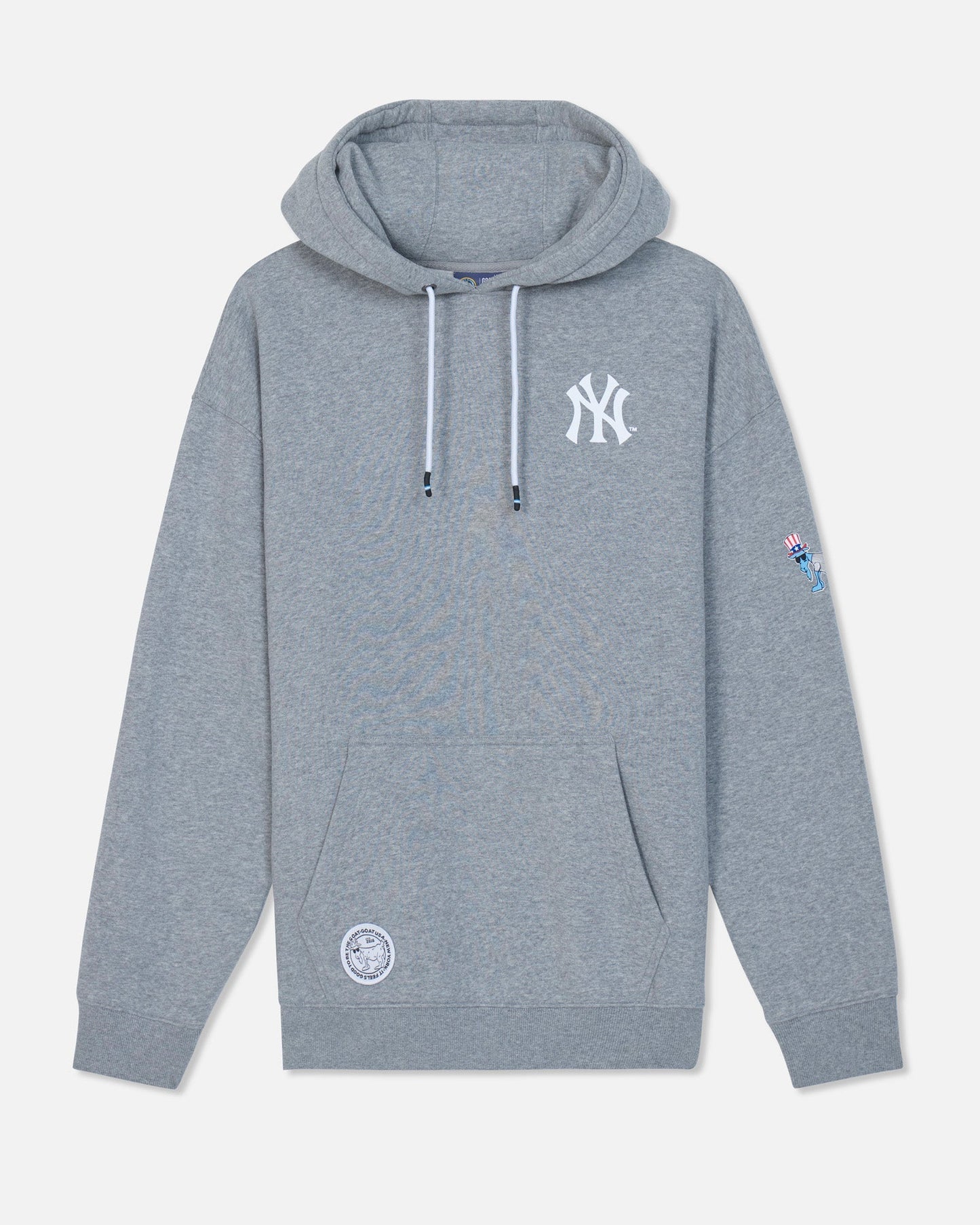 A heather gray pullover hoodie featuring a white New York Yankees logo on the left chest, a white circular patch on the lower left front, and a small colorful patch on the right sleeve, displayed against a light gray background.