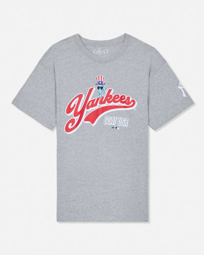 A heather gray short-sleeve t-shirt featuring a red, white, and blue New York Yankees graphic on the front, displayed against a clean white background.