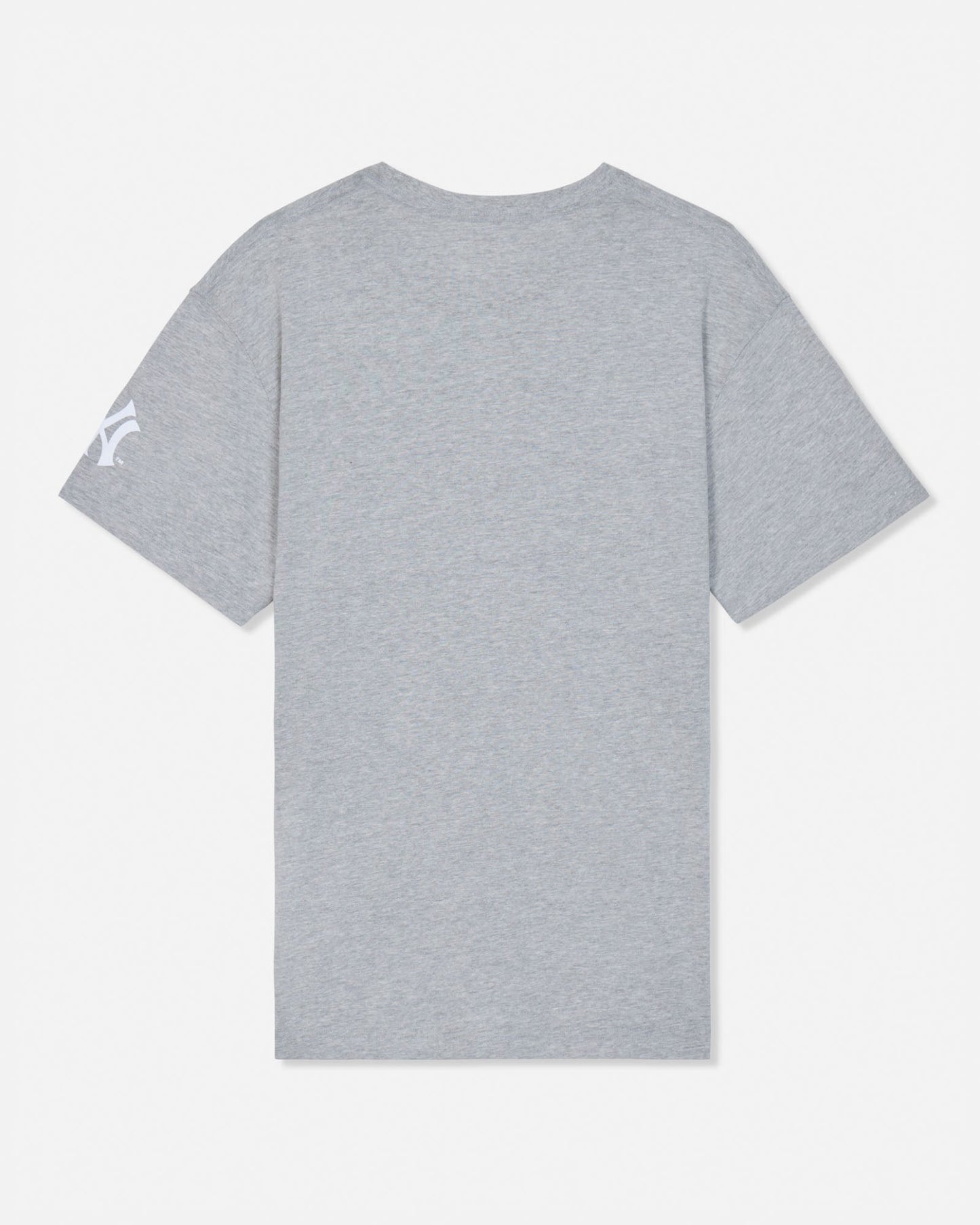 A light gray heather short-sleeve t-shirt shown from the back, featuring a small white stylized logo on the left sleeve, displayed against a clean white background.