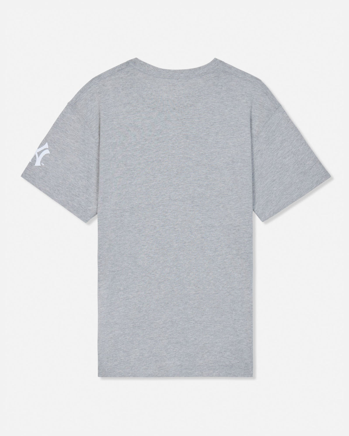 A light gray heather short-sleeve t-shirt shown from the back, featuring a small white stylized logo on the left sleeve, displayed against a clean white background.