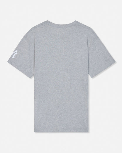 A light gray heather short-sleeve t-shirt shown from the back, featuring a small white stylized logo on the left sleeve, displayed against a clean white background.
