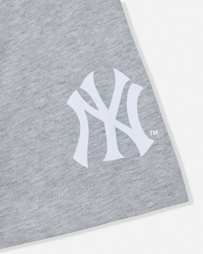 Close-up of a heather gray fabric product featuring a large white New York Yankees interlocking NY logo on the front.