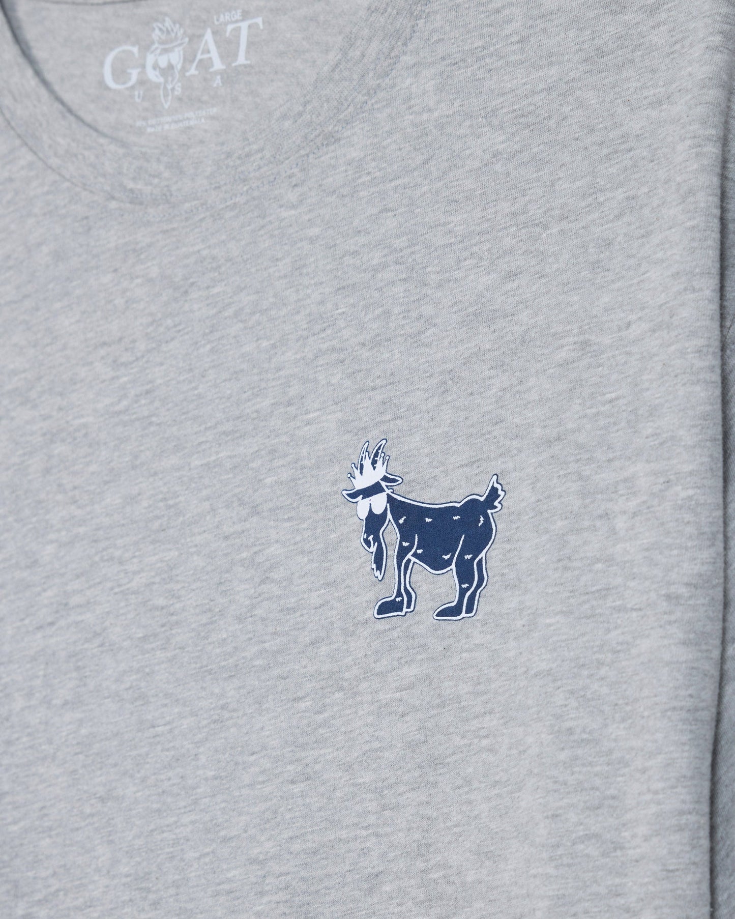 Gray t-shirt with blue cartoon goat on left chest#color_gray