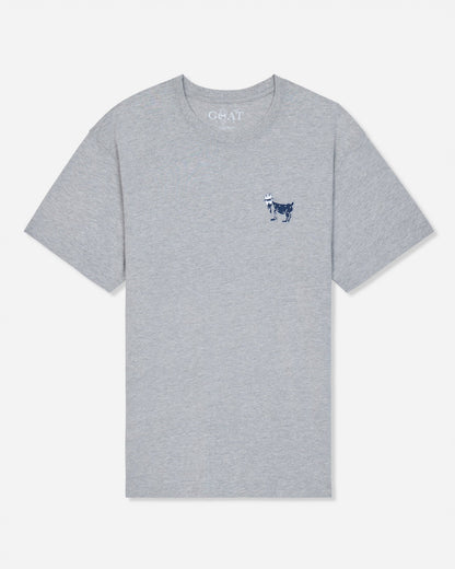 A gray t-shirt with a small navy blue embroidered goat logo on the left chest, shown flat against a light gray background.#color_gray