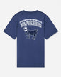 A navy blue short-sleeve t-shirt with a white graphic on the back featuring the word 'YANKEES' in an arched font above a detailed goat mascot illustration, set against a light gray background.#color_navy