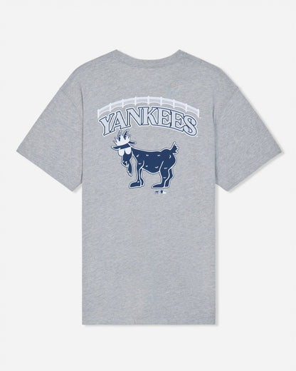 A heather gray short-sleeve t-shirt featuring a navy blue and white New York Yankees graphic on the chest, displayed against a light gray background.#color_gray