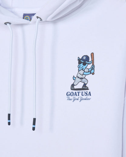 Close-up of left chest design with blue baseball player goat mascot in a New York Yankees uniform