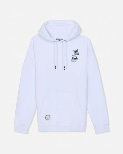 White hoodie with blue baseball player goat mascot in white pinstripe uniform left chest design