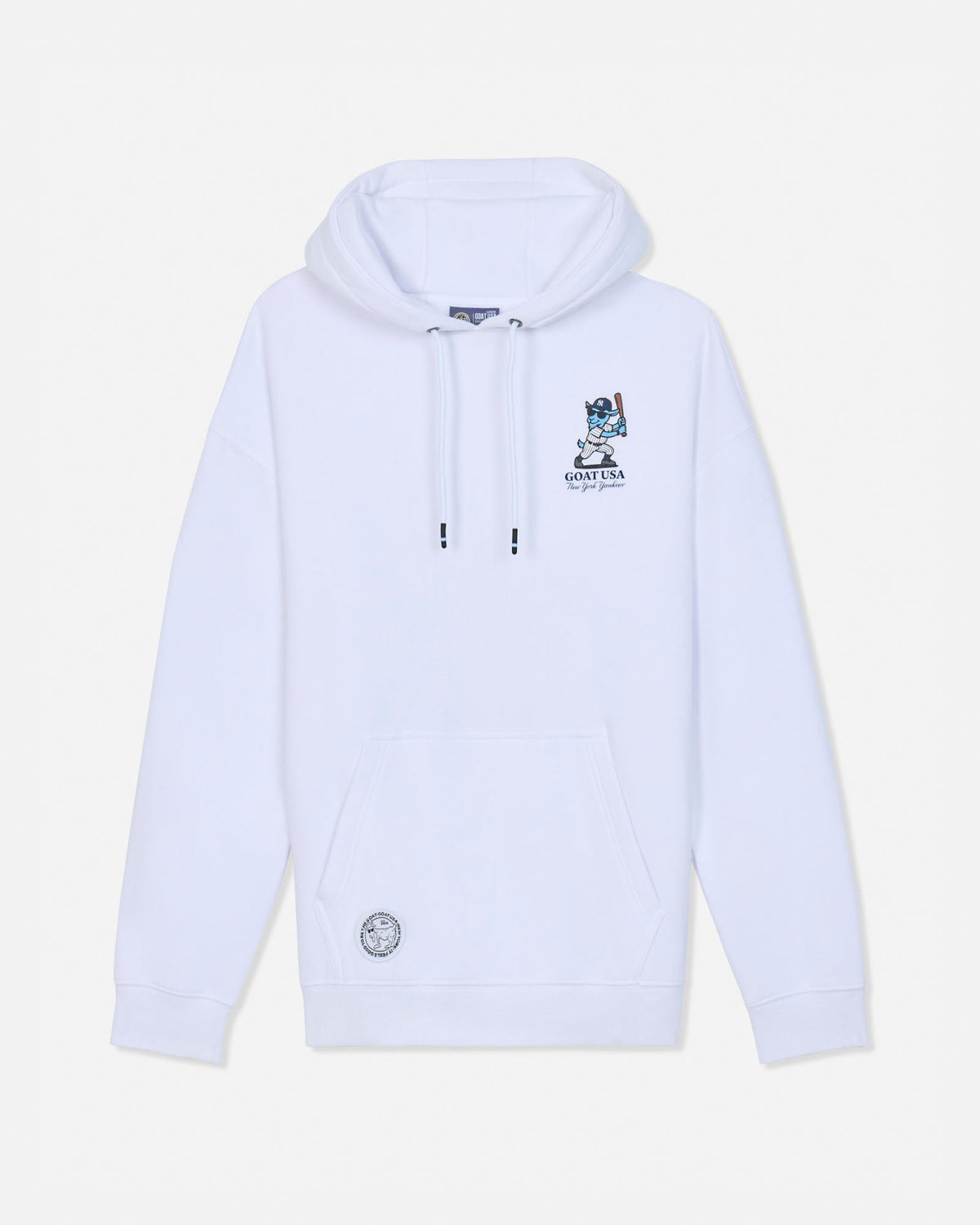 White hoodie with blue baseball player goat mascot in white pinstripe uniform left chest design
