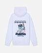 White hoodie with a blue goat wearing a New York Yankees uniform and a stadium design above.