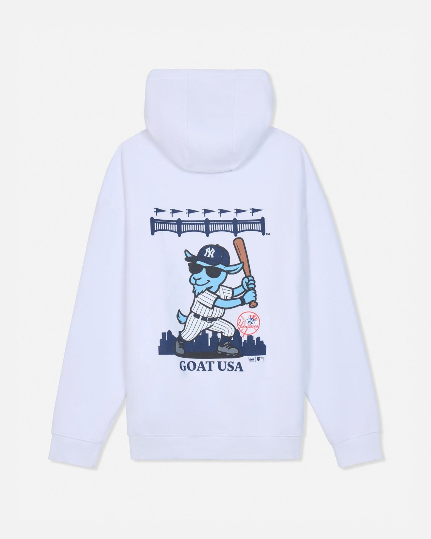 White hoodie with a blue goat wearing a New York Yankees uniform and a stadium design above.